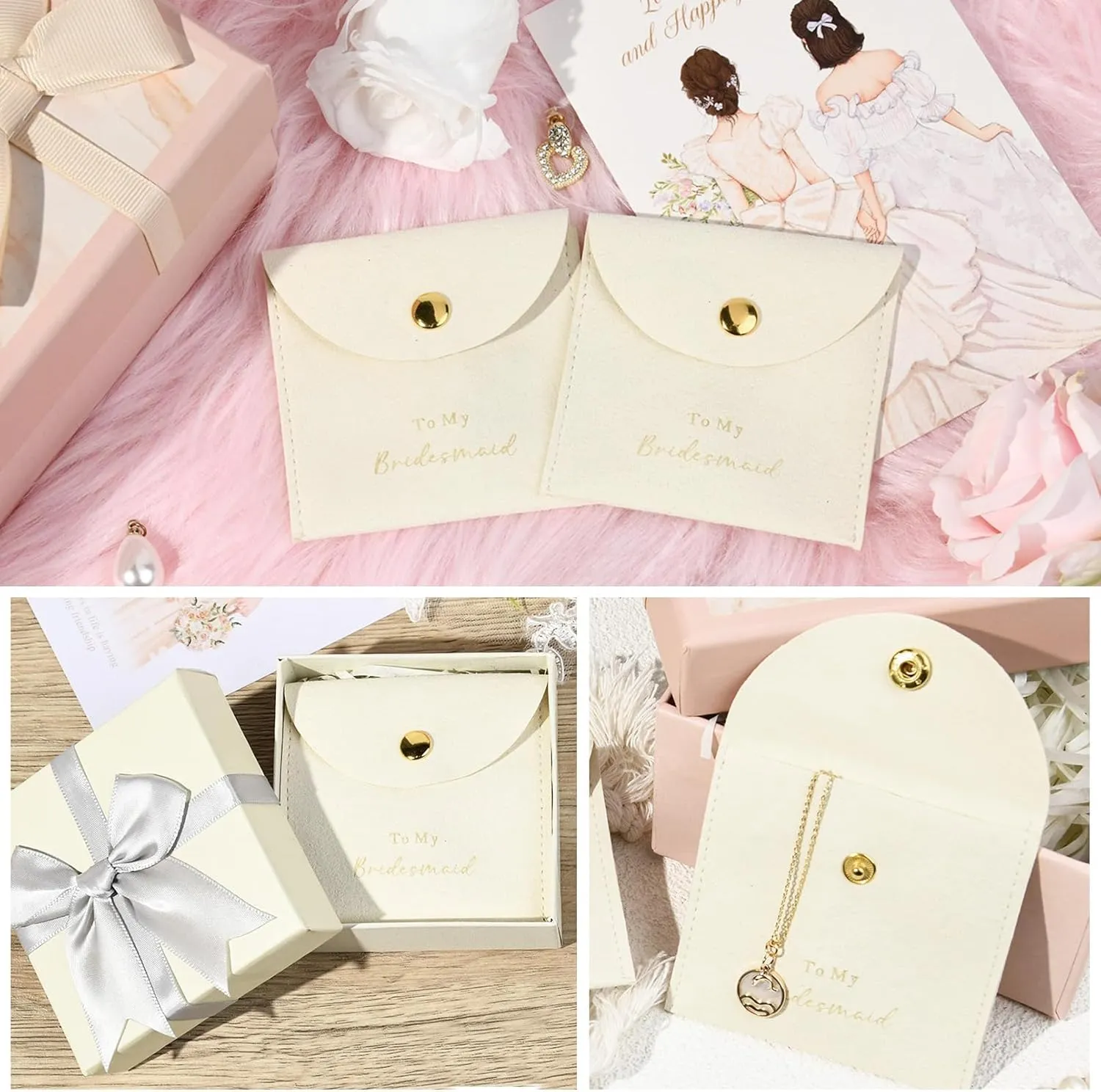 CEELGON Jewelry Bags Bridesmaid Gifts Set of 8 Velvet Small Jewelry Pouch with Button Bracelet Earring Necklace Packaging Bridesmaid Proposal Gift Bags Bridal Party Favors Gifts (Ivory)