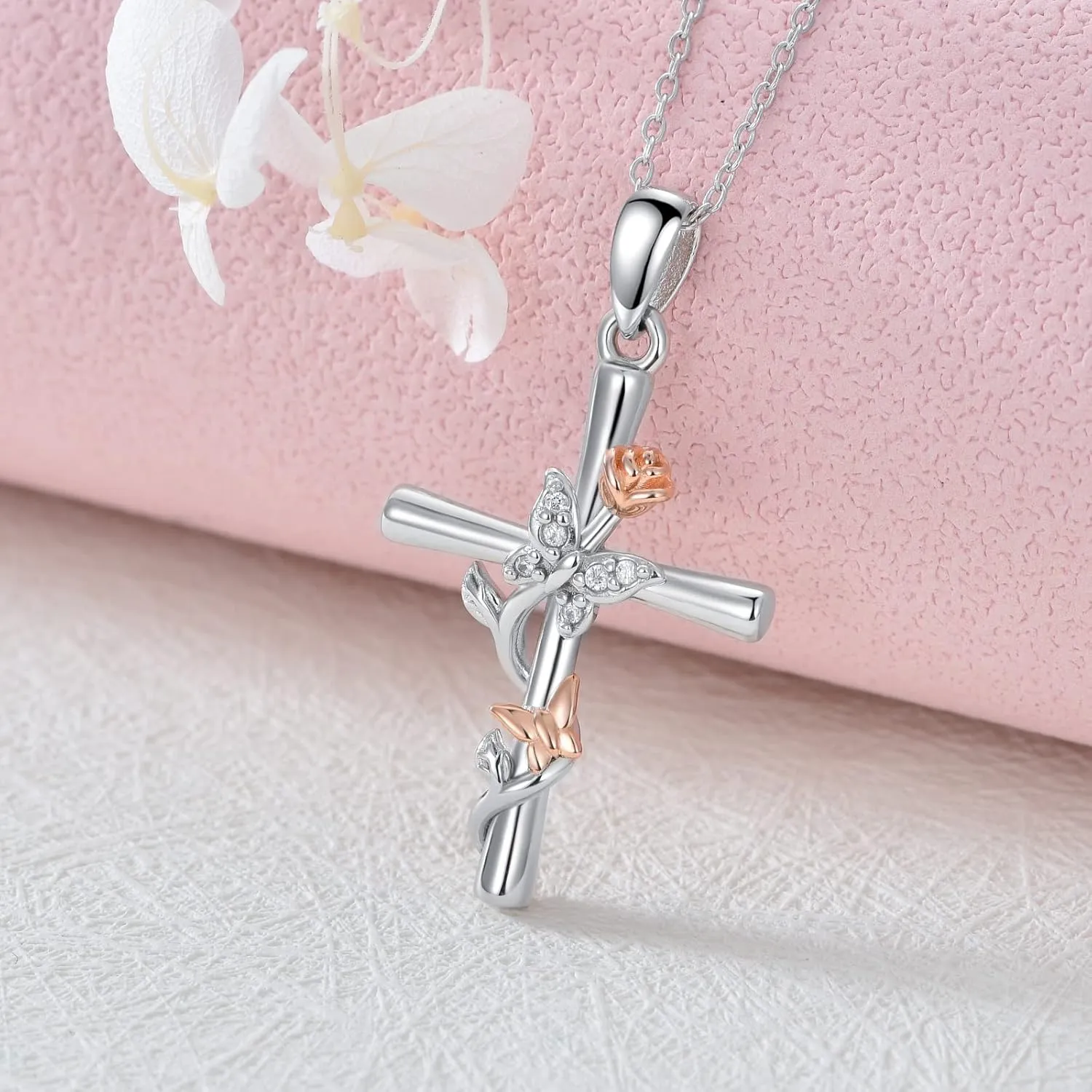 CEKAMA 925 Sterling Silver Cross Necklace for Women Beautifully Rose Flower/Sunflower/Infinity/Stethoscope Cross Pendant Necklaces with 18 2 Inches Chain