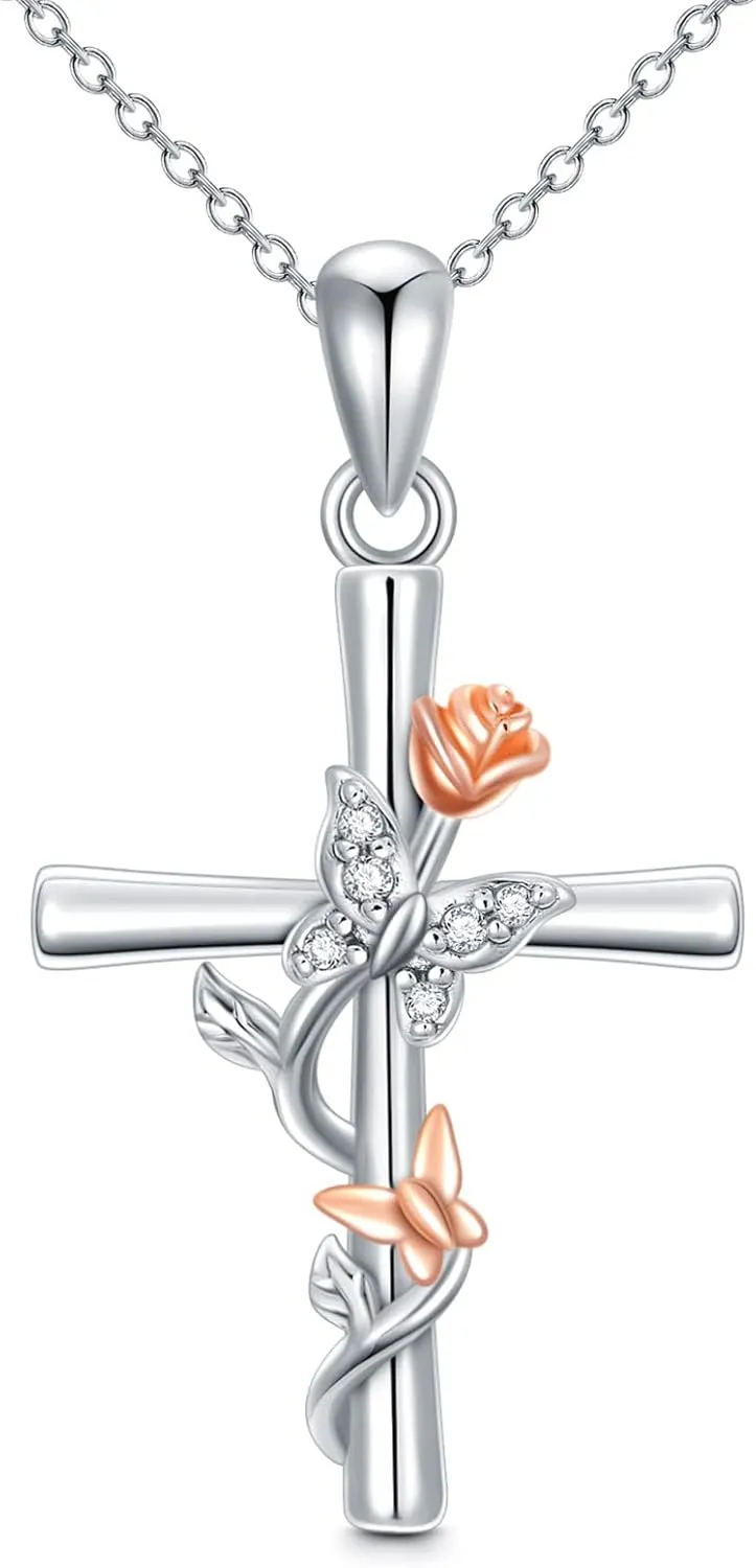 CEKAMA 925 Sterling Silver Cross Necklace for Women Beautifully Rose Flower/Sunflower/Infinity/Stethoscope Cross Pendant Necklaces with 18 2 Inches Chain