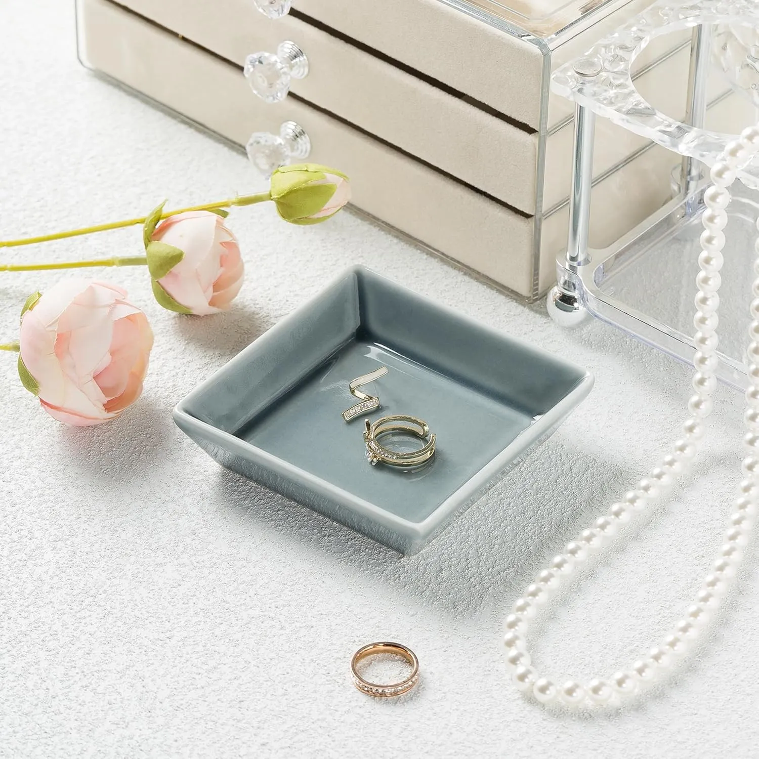 Ceramic Ring Dish, Jewelry Dish Holder, Small Trinket Tray Plate for Earrings Rings Necklaces Keys, for Mom Friend Sister (Blue Surface)