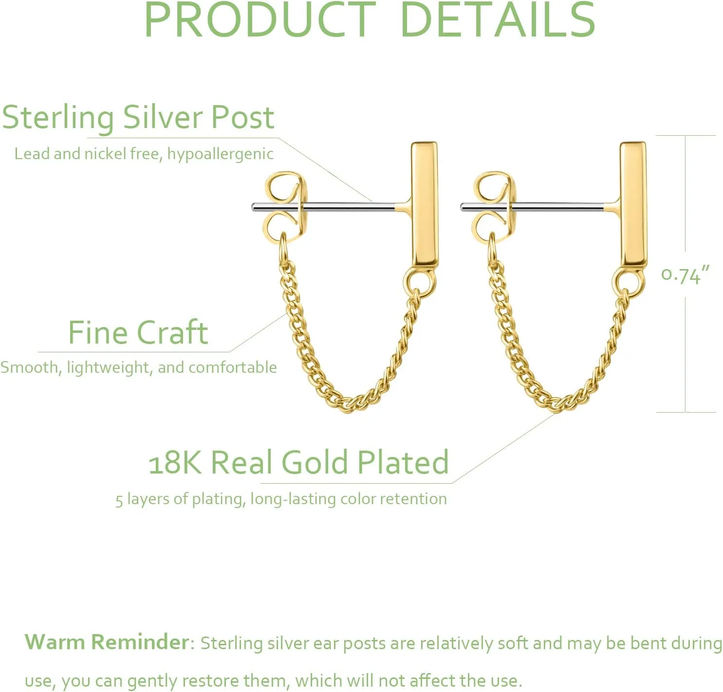 Chain Earrings for Women 18K Gold Plated Dainty Bar Drop Dangle Earrings Long Threader Earring Hypoallergenic Line Dangly Jewelry Gift for Teen Girls