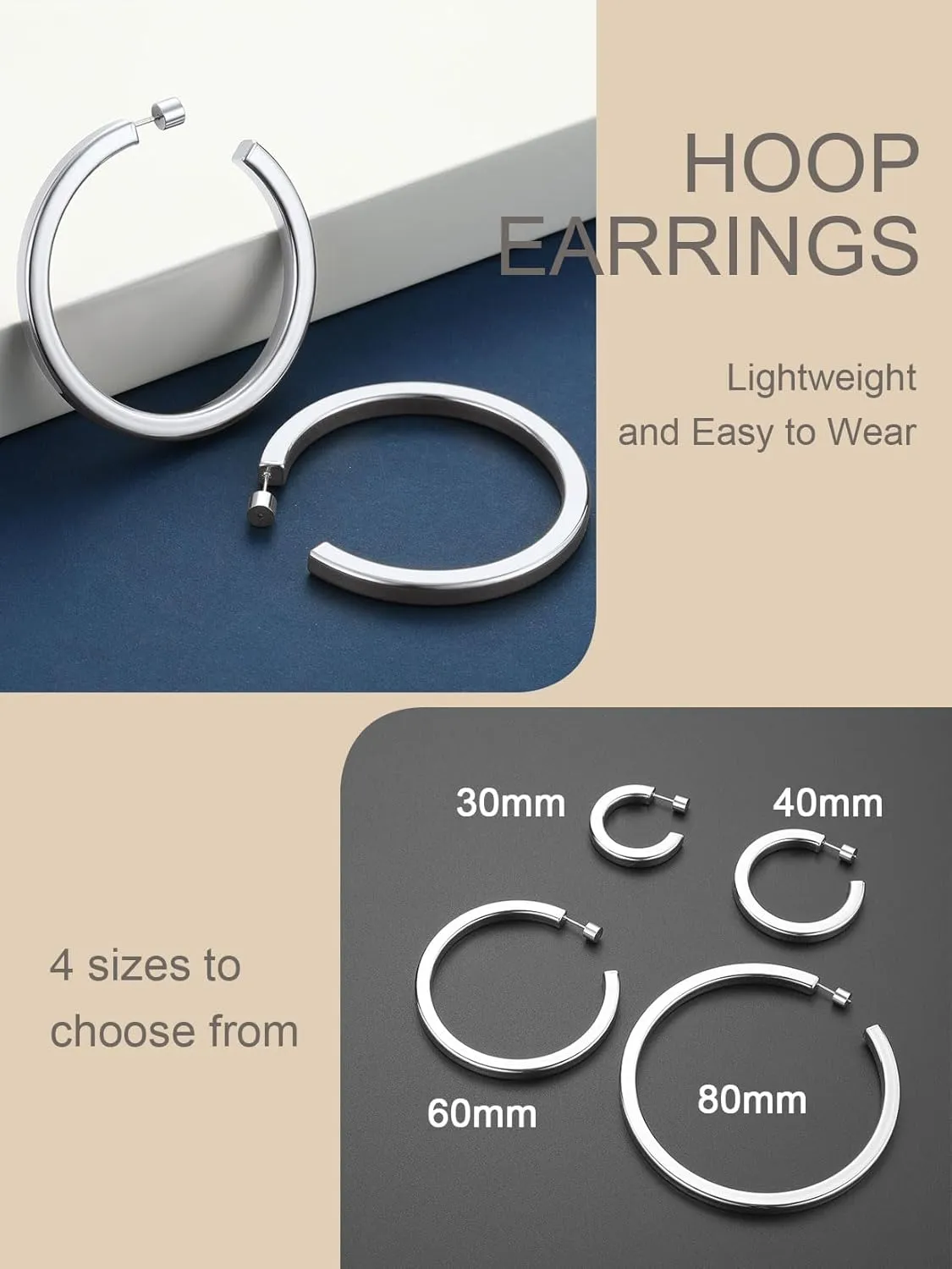 ChainsProMax Hypoallergenic Hoop Earrings for Women, 30/40/60/80MM Small Medium Large Size, Stainless Steel/14K Gold Plated/Black, with Gift Box