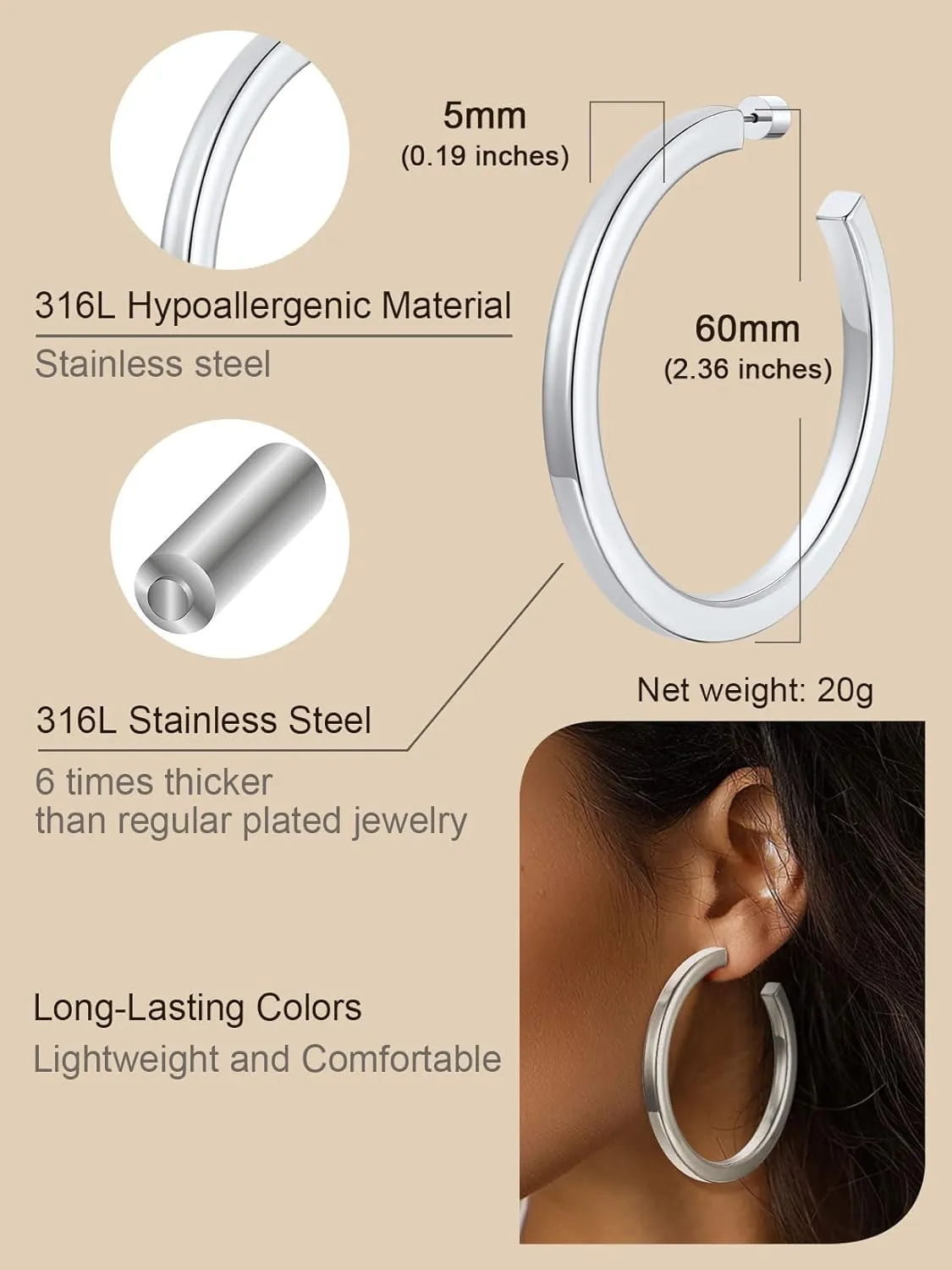 ChainsProMax Hypoallergenic Hoop Earrings for Women, 30/40/60/80MM Small Medium Large Size, Stainless Steel/14K Gold Plated/Black, with Gift Box