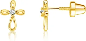 Cherished Moments Girl's 14K Dainty Gold-Plated or Sterling Silver Infinity Cross Earring with CZ and Screw Back