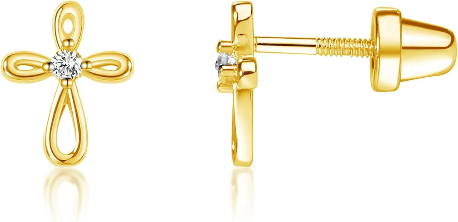 Cherished Moments Girl's 14K Dainty Gold-Plated or Sterling Silver Infinity Cross Earring with CZ and Screw Back