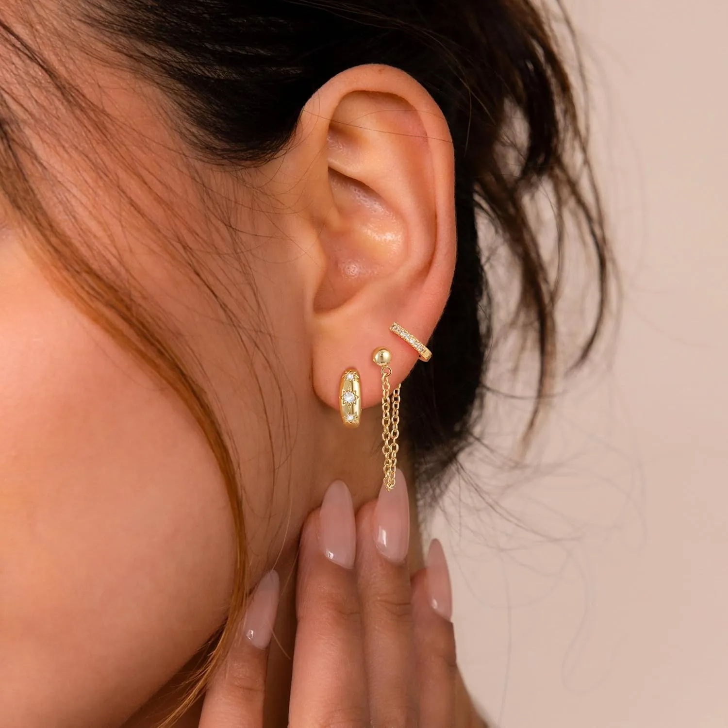 CHESKY Gold Hoop Earring Set for Women, 14K Gold Plated Chunky Simple Cuff Earrings Cubic Zirconia Star Hoop Earring Sets for Multiple Piercing Hypoallergenic Dainty Stud earrings Stacks Jewelry Gifts