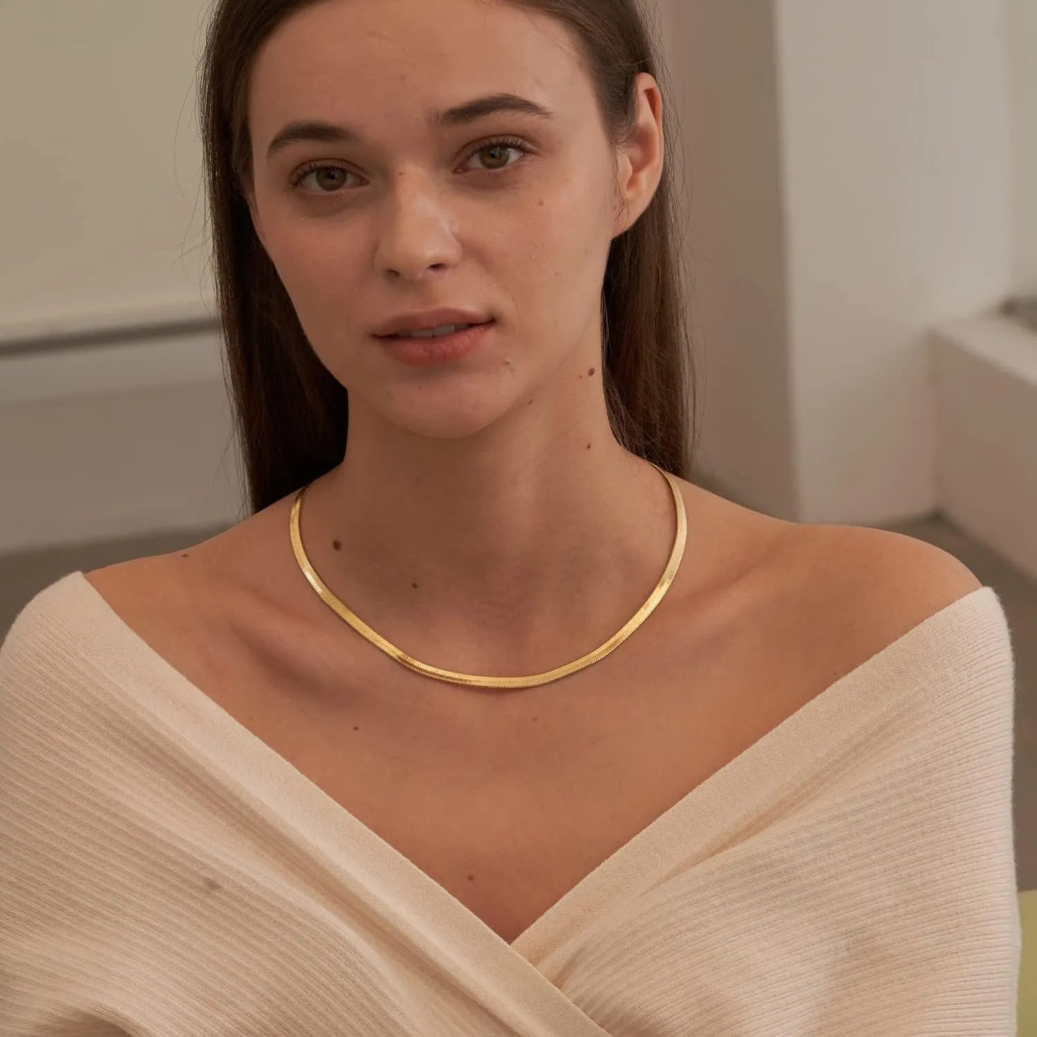 CHESKY Gold Necklace for Women-14K Plated sterling silver Snake Chain Necklace Dainty Simple Chunky Herringbone Necklace Choker Necklaces Jewelry for Women