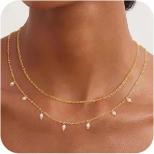 CHESKY Pearls Necklaces for Women - Dainty 14 K Gold Plated Layered Freshwater Pearl Chain Simple Pearl Necklace for Women Trendy Gifts