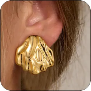 Chunky Gold Earrings for Women,14k Gold Plated Earrings for Women Statement Geometric Dangle Drop Earrings Minimalist Gold Stud Earrings Hypoallergenic Irregular Earrings for Women Trendy Jewelry Gift