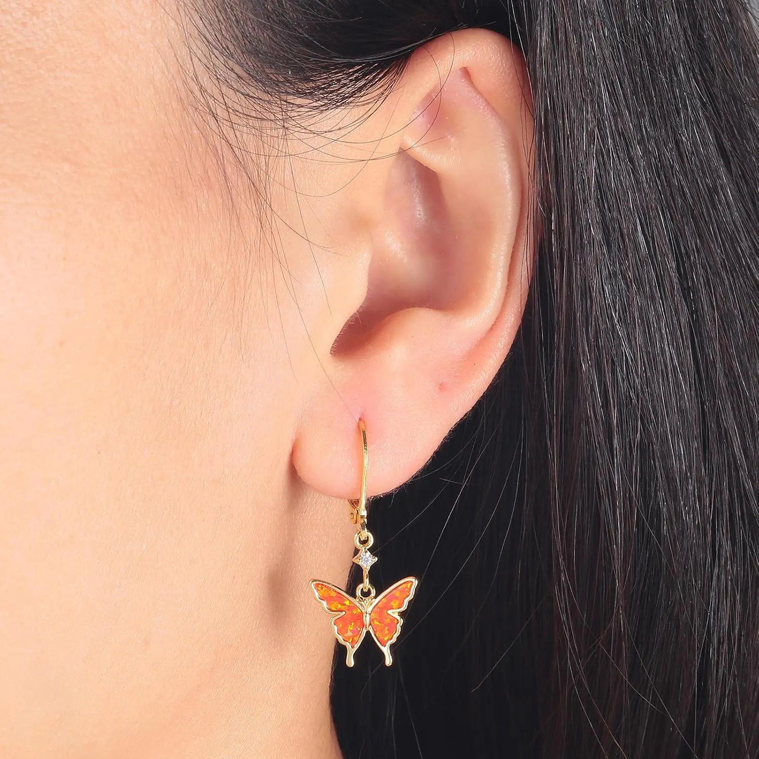 CiNily Butterfly Earrings for Women Dangling Earrings, Created Opal Dangle Drop Earrings Lightweight Dainty Butterfly Earrings 14K White Gold, Rose Gold, Yellow Gold Plated