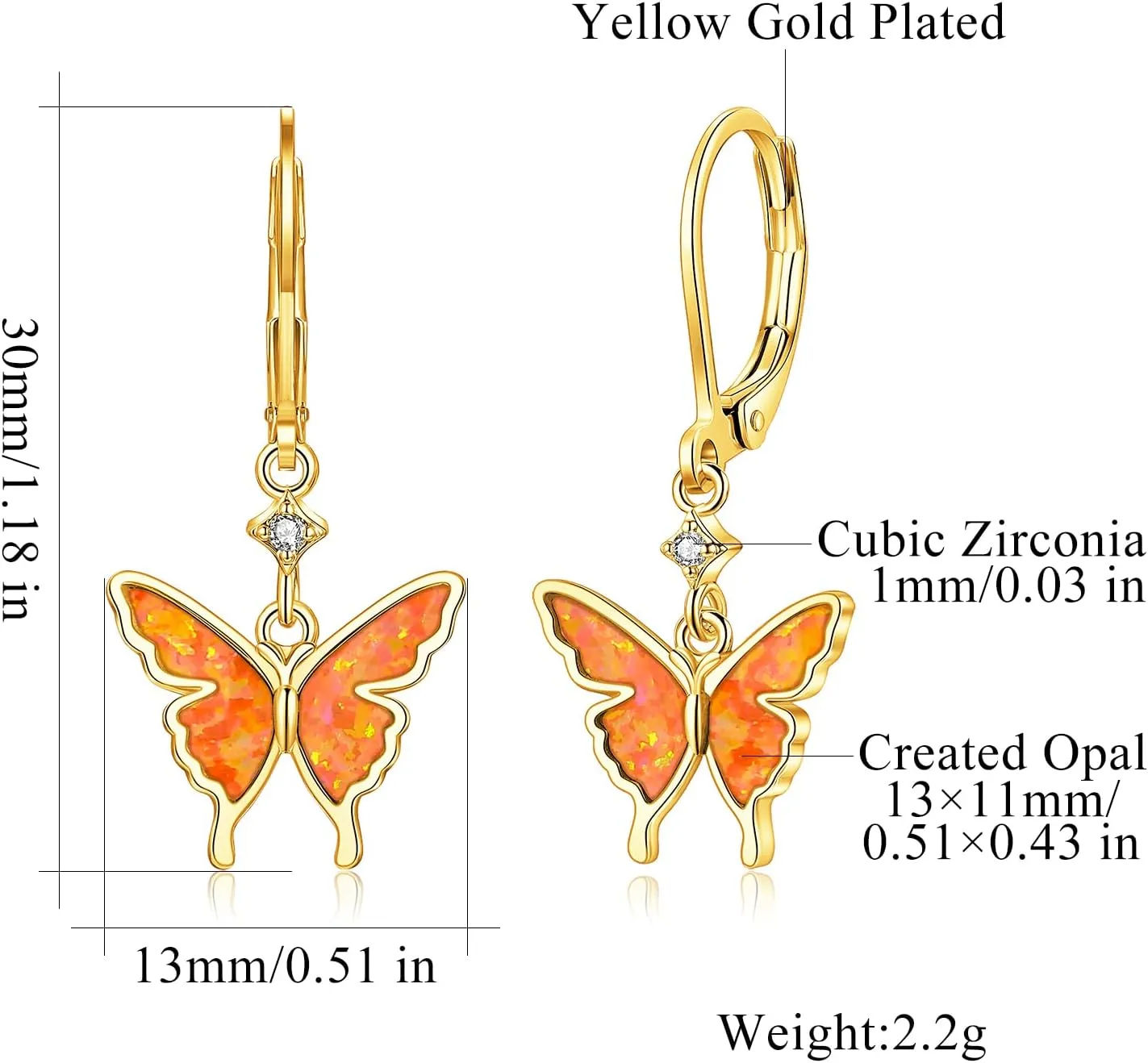 CiNily Butterfly Earrings for Women Dangling Earrings, Created Opal Dangle Drop Earrings Lightweight Dainty Butterfly Earrings 14K White Gold, Rose Gold, Yellow Gold Plated