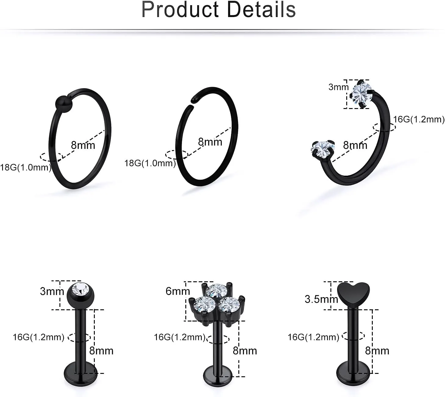 Cisyozi 16G Flower Moon Lip Rings Studs Surgical Steel Clear Diamond CZ Labret Lip Rings Studs Tragus Horseshoe Cartilage Tragus Helix Hoop Earring Body Jewelry Piercing Retainer for Women Men 8mm