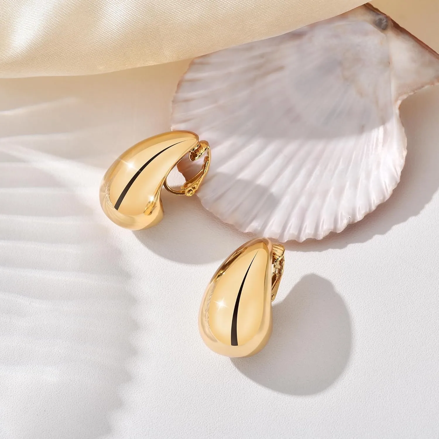 Clip on Earrings Women, 14K Gold Hoop Clip-On Earrings for Women, Hypoallergenic Non Pierced Croissant Earrings