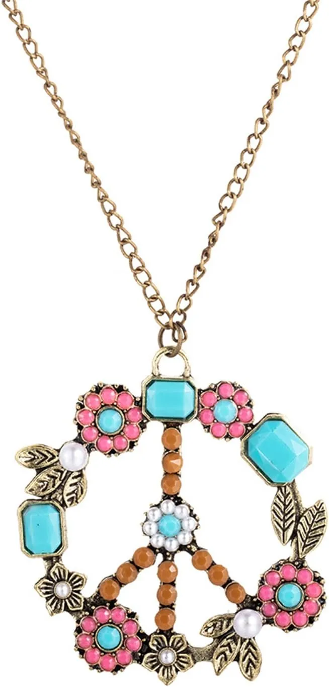 coadipress Peace Sign Necklace for Women Vintage Hippie Pendant Necklaces Retro Boho Turquoise Anti War Necklace Peace Pearl Flower Necklace Jewelry Accessories Gifts