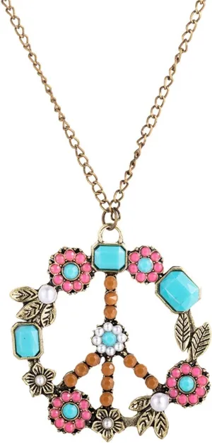 coadipress Peace Sign Necklace for Women Vintage Hippie Pendant Necklaces Retro Boho Turquoise Anti War Necklace Peace Pearl Flower Necklace Jewelry Accessories Gifts