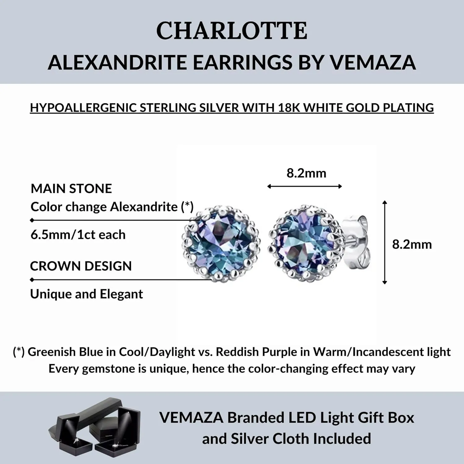Color Change Alexandrite Earrings 925 Sterling Silver June Birthstone Round Cut Oval Cut Halo Hypoallergenic Drop Dangle Stud Simulated Created Alexandrite Earrings for Women