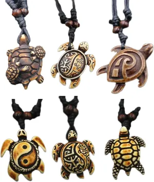 COLORFUL BLING 6Pcs Handmade Carved Sea Turtles Tortoises Pendant Necklaces Rope Chain Resin Beach Ocean Animals Necklace Jewelry for Mens