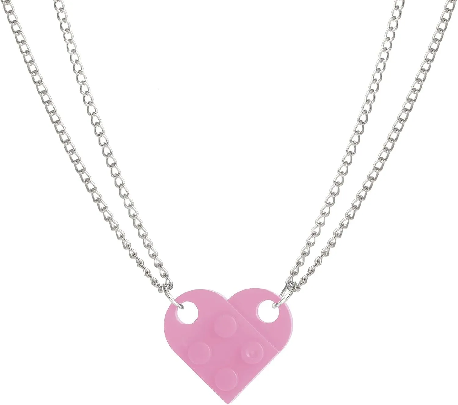 COLORFUL BLING Bricks Assembled Pendant Necklace Heart Shape Matching Geometric Block Charms Valentines Day Friendship Creative Jewelry Gift for Couple Lover Best Friends