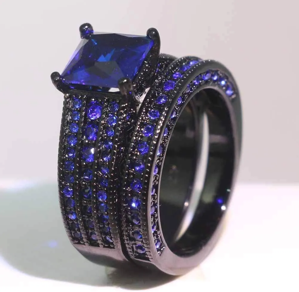 Couple Rings Black Gold Filled Princess Cut Blue Cz Womens Wedding Ring Sets Man Tungsten Wedding Band