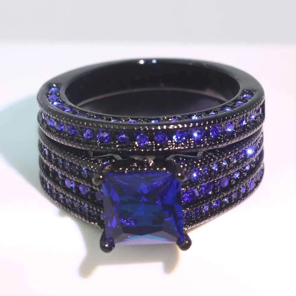 Couple Rings Black Gold Filled Princess Cut Blue Cz Womens Wedding Ring Sets Man Tungsten Wedding Band
