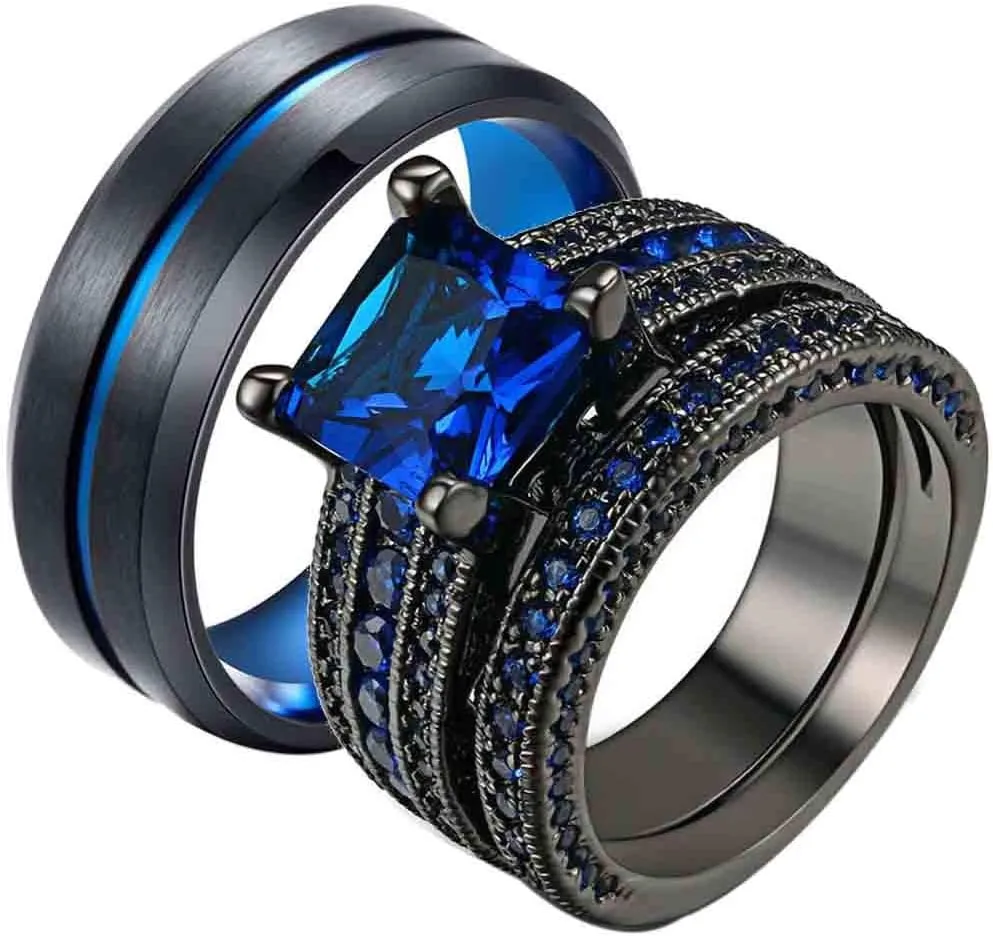 Couple Rings Black Gold Filled Princess Cut Blue Cz Womens Wedding Ring Sets Man Tungsten Wedding Band