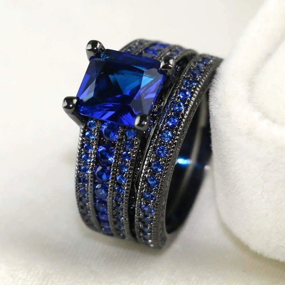 Couple Rings Black Gold Filled Princess Cut Blue Cz Womens Wedding Ring Sets Man Tungsten Wedding Band