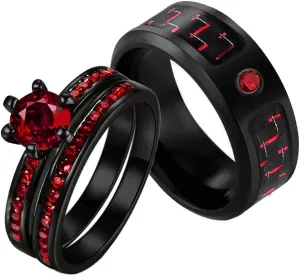 Couple Rings Black Gold Filled Round Red Cz Womens Wedding Ring Sets 8mm Titanium Mens Wedding Band