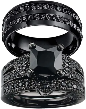 Couple Rings Black Rings Princess Cut Cz Womens Wedding Ring Sets Titanium Steel Rhinestone Mens Wedding Bands