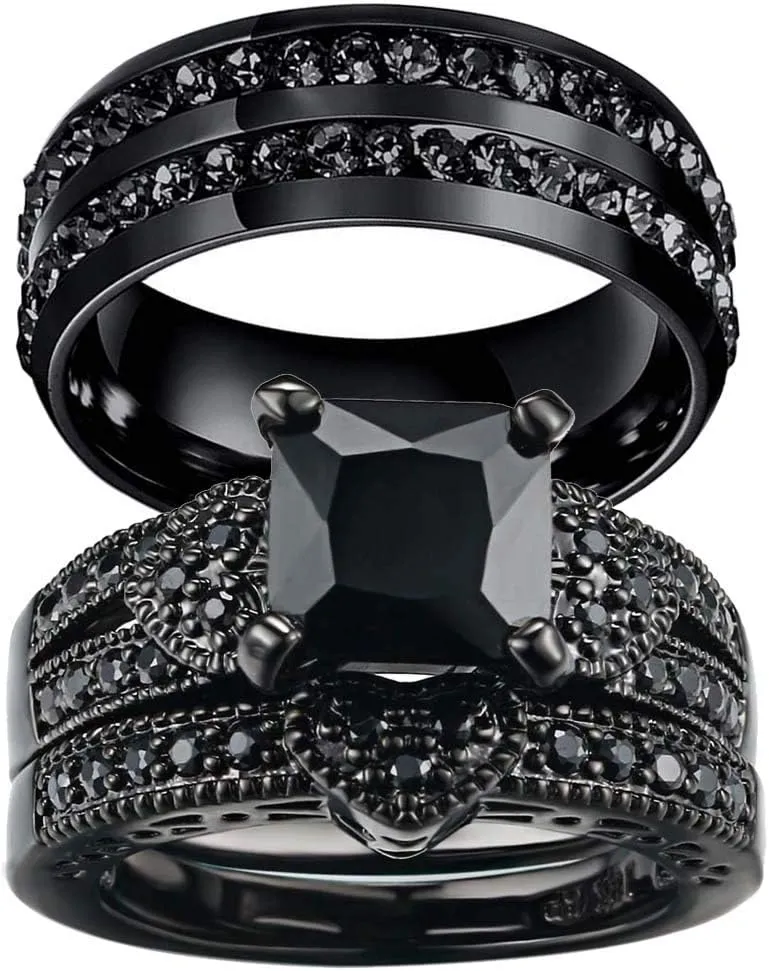 Couple Rings Black Rings Princess Cut Cz Womens Wedding Ring Sets Titanium Steel Rhinestone Mens Wedding Bands