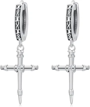 Cross Earrings 925 Sterling Silver Cross Dangle Huggie Hoop Earrings Religion Cross Jewelry Gifts for Men Women