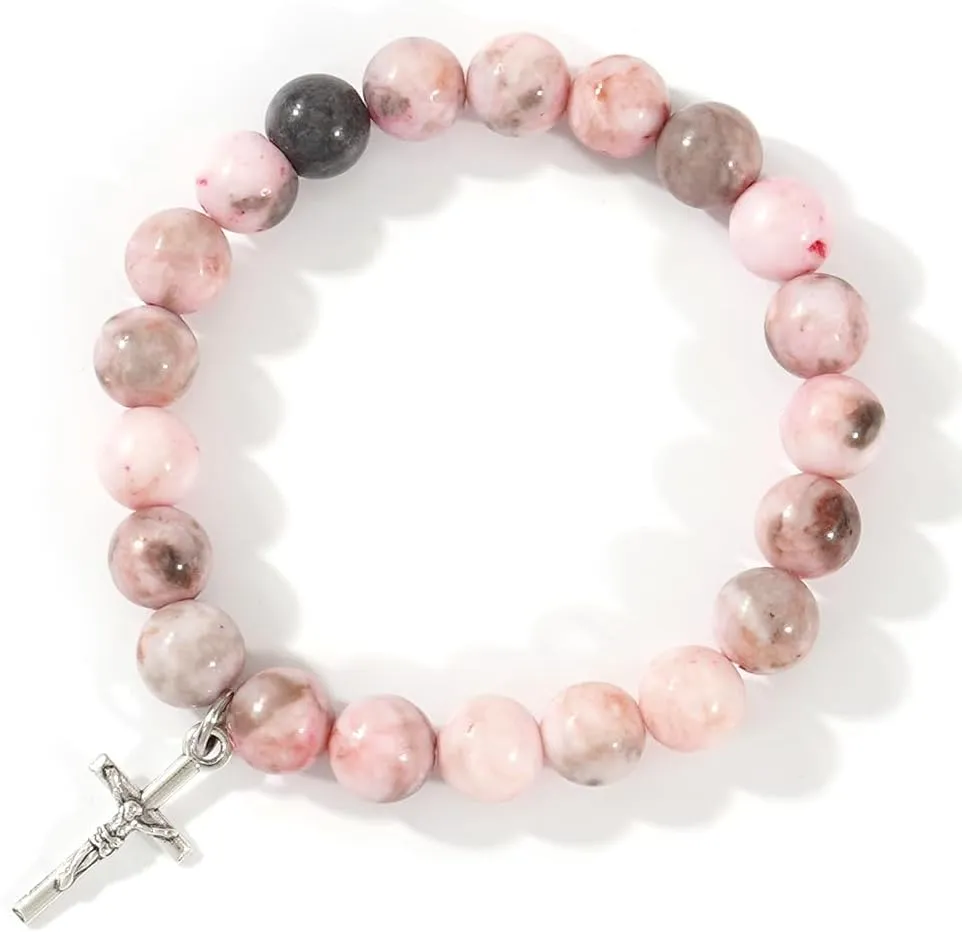 Cross Natural Crystal Beaded Bracelet for Women,Handmade Boho Healing Rhodonite Gemstone Beads Bracelet Statement Religious Jesus Jewelry Gift Friendship