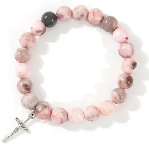 Cross Natural Crystal Beaded Bracelet for Women,Handmade Boho Healing Rhodonite Gemstone Beads Bracelet Statement Religious Jesus Jewelry Gift Friendship
