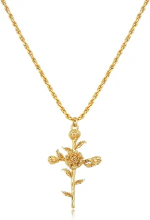 Cross Necklace for Women 14K Gold Plated Birth Flower Necklaces Rope Cross Pendant Fashion Gold Jewelry Birthday Gifts 12 Month