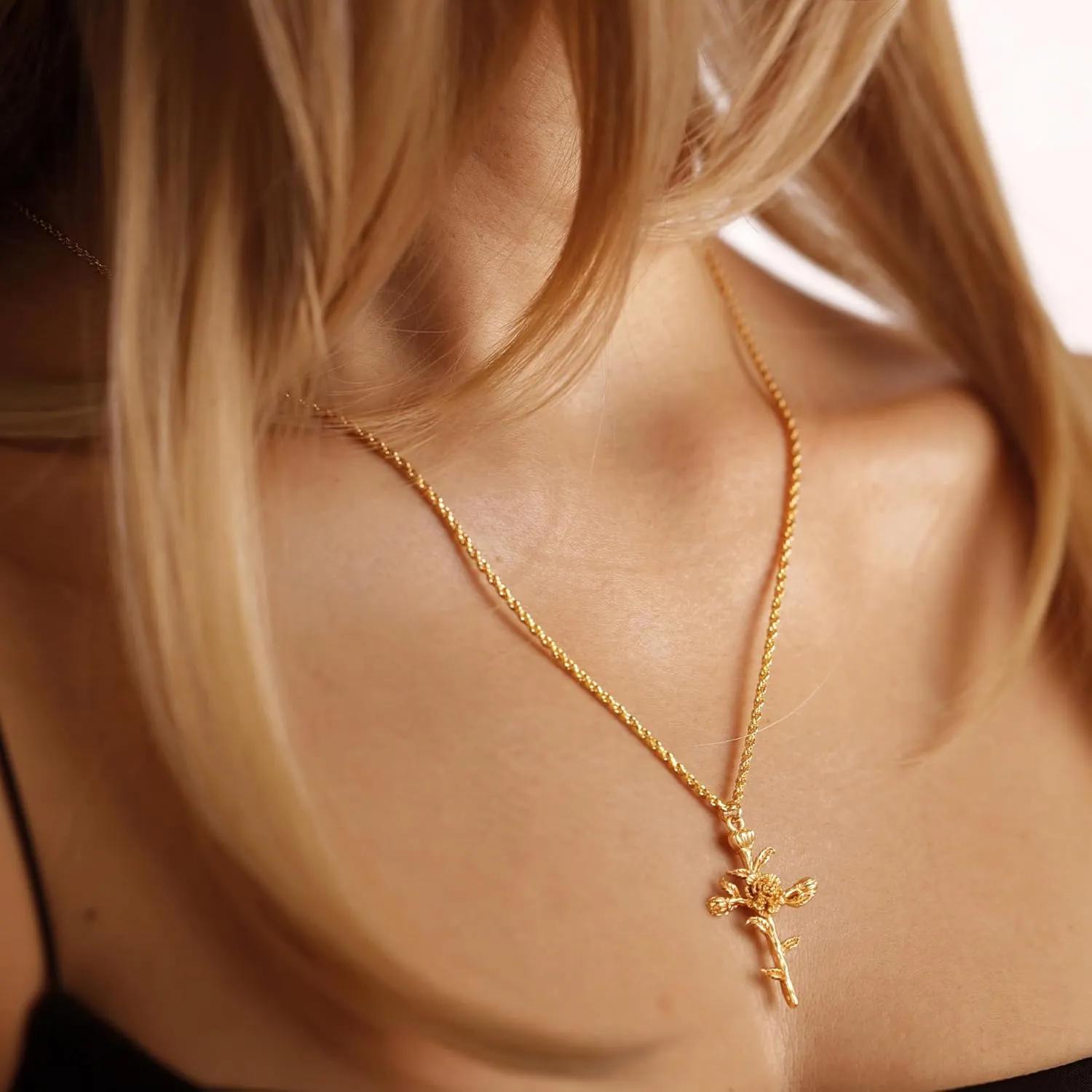 Cross Necklace for Women 14K Gold Plated Birth Flower Necklaces Rope Cross Pendant Fashion Gold Jewelry Birthday Gifts 12 Month