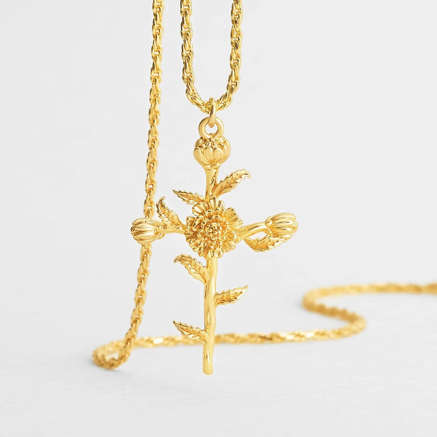 Cross Necklace for Women 14K Gold Plated Birth Flower Necklaces Rope Cross Pendant Fashion Gold Jewelry Birthday Gifts 12 Month