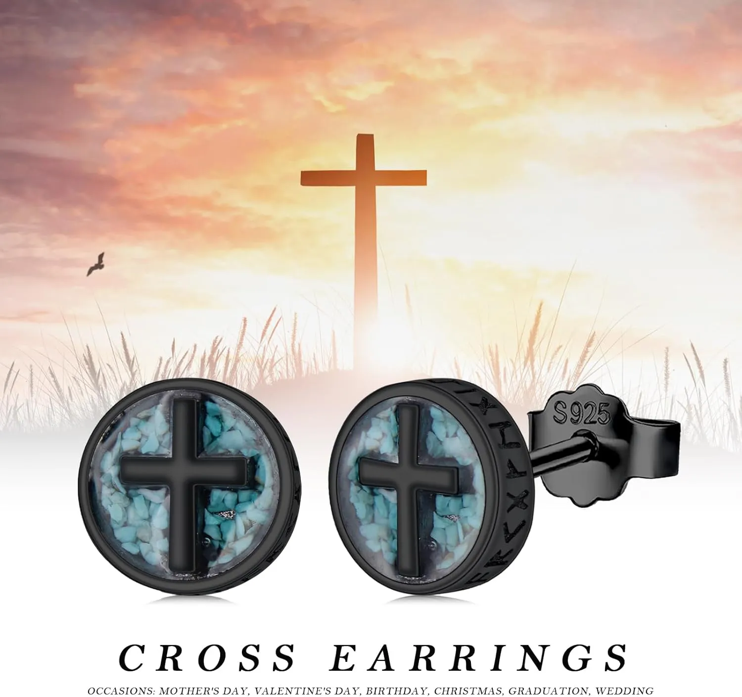 Cross/Ankh/Peace/Viking Stud Earrings for Men Women 925 Sterling Silver Turquoise Earrings Hypoallergenic Celtic Jewelry Valentines Birthday Gifts for Friends Brothers Sisters