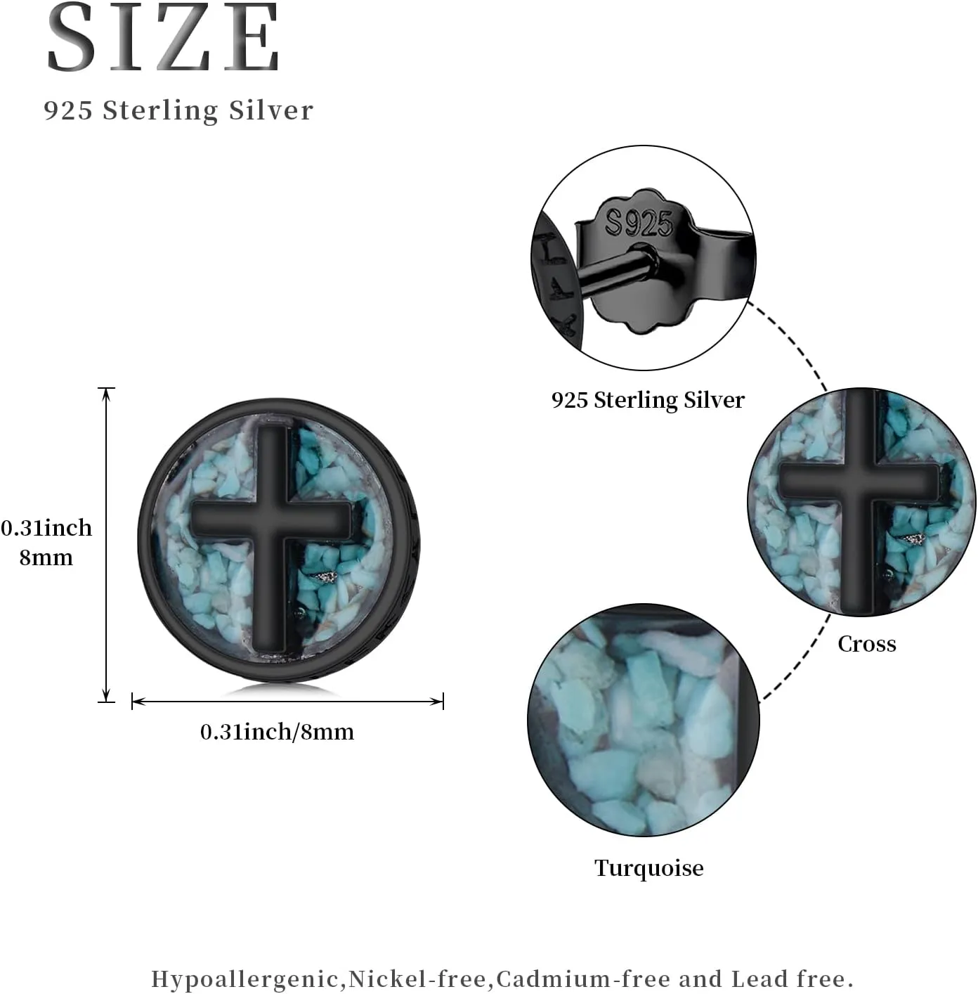 Cross/Ankh/Peace/Viking Stud Earrings for Men Women 925 Sterling Silver Turquoise Earrings Hypoallergenic Celtic Jewelry Valentines Birthday Gifts for Friends Brothers Sisters