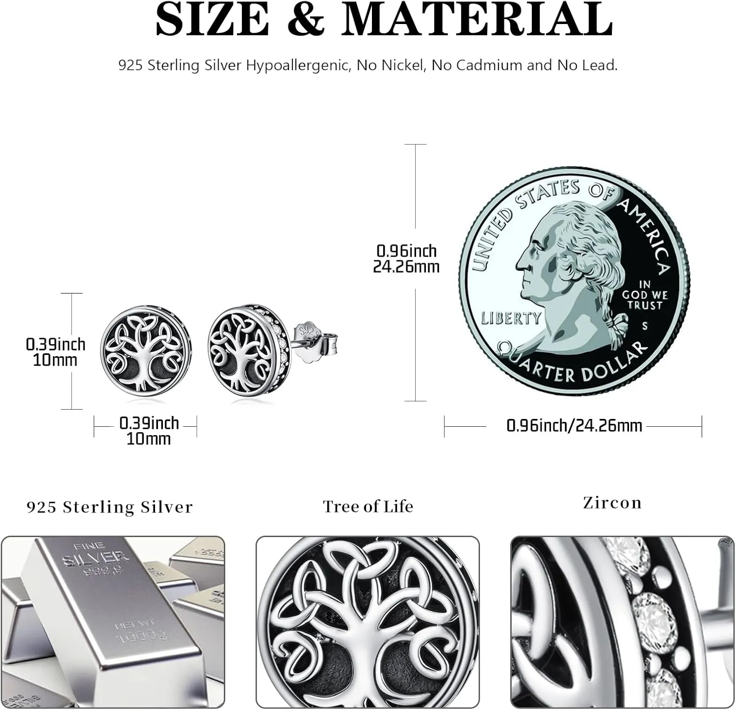 Cross/Celtic Knot/Tree of Life/Ankh Stud Earrings for Women 925 Sterling Silver Black Onyx/Zirconia Jewelry Gifts for Men