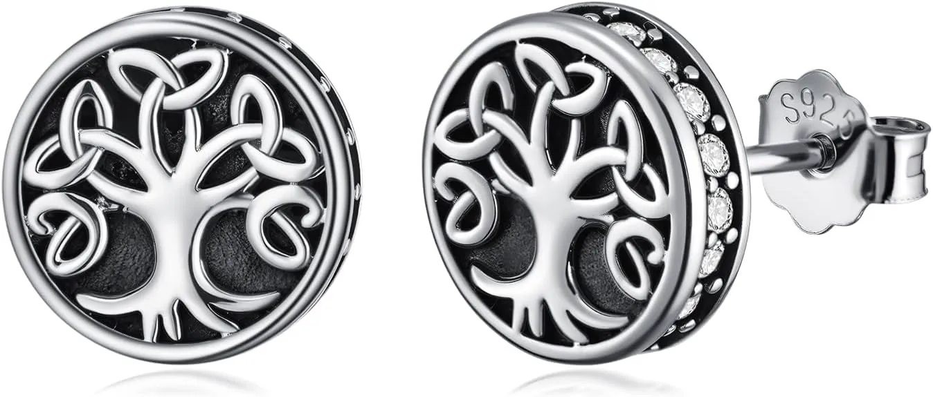 Cross/Celtic Knot/Tree of Life/Ankh Stud Earrings for Women 925 Sterling Silver Black Onyx/Zirconia Jewelry Gifts for Men