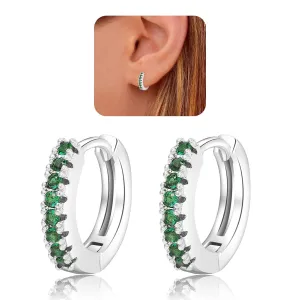 Cubic Zirconia Huggie Hoop Earrings for Women, 8mm Tiny Mini Small Hoop Earrings, Hypoallergenic 14K White Gold Plated Cartilage Piercing Earrings (Silver, Green CZ)