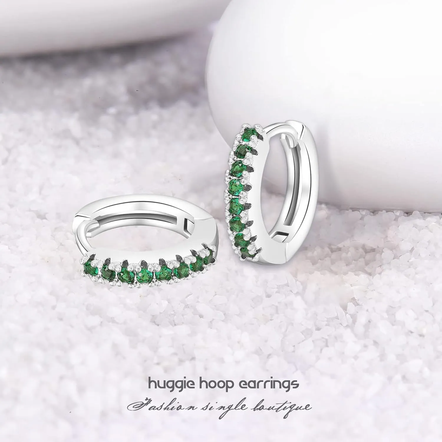 Cubic Zirconia Huggie Hoop Earrings for Women, 8mm Tiny Mini Small Hoop Earrings, Hypoallergenic 14K White Gold Plated Cartilage Piercing Earrings (Silver, Green CZ)