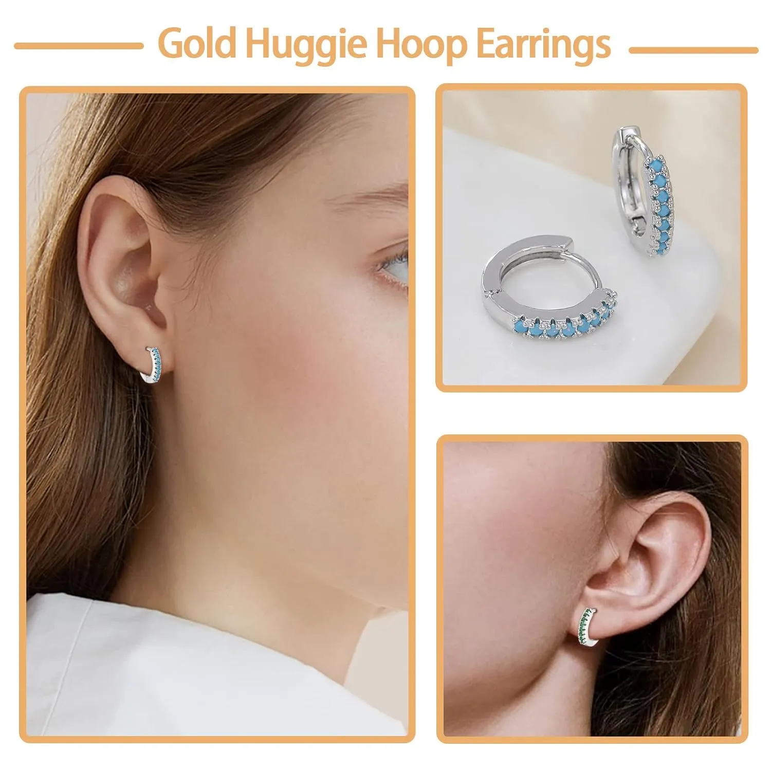 Cubic Zirconia Huggie Hoop Earrings for Women, 8mm Tiny Mini Small Hoop Earrings, Hypoallergenic 14K White Gold Plated Cartilage Piercing Earrings (Silver, Green CZ)