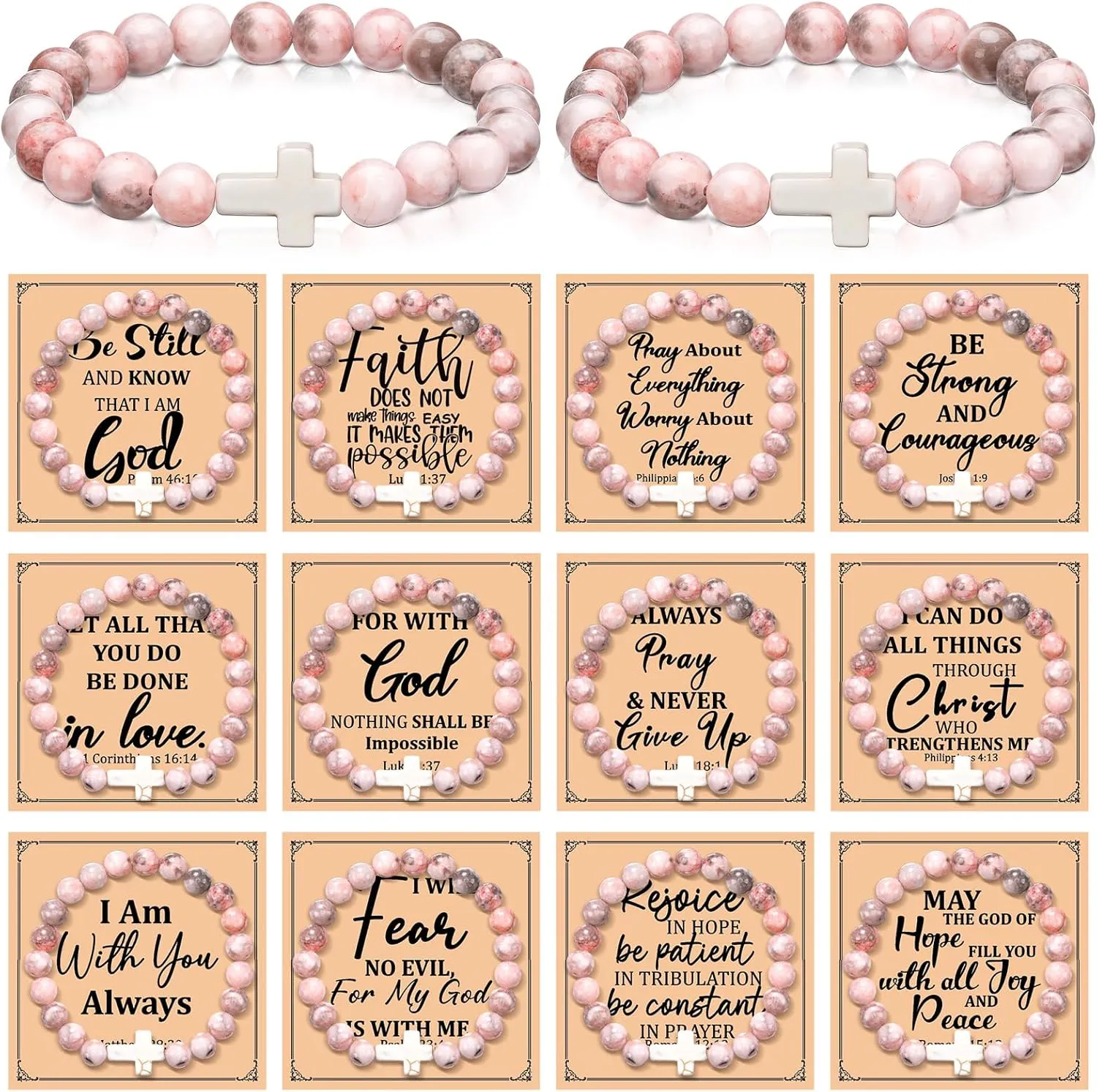 Cunnoo 12 Set Christian Graduation Gifts Bulk Cross Bracelets for Women Men Includes 12 Religious Natural Beaded Bracelet 12 Inspirational Cards 12 Envelopes Religious Faith Gift(Classic Style,Pink)