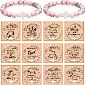 Cunnoo 12 Set Christian Graduation Gifts Bulk Cross Bracelets for Women Men Includes 12 Religious Natural Beaded Bracelet 12 Inspirational Cards 12 Envelopes Religious Faith Gift(Classic Style,Pink)