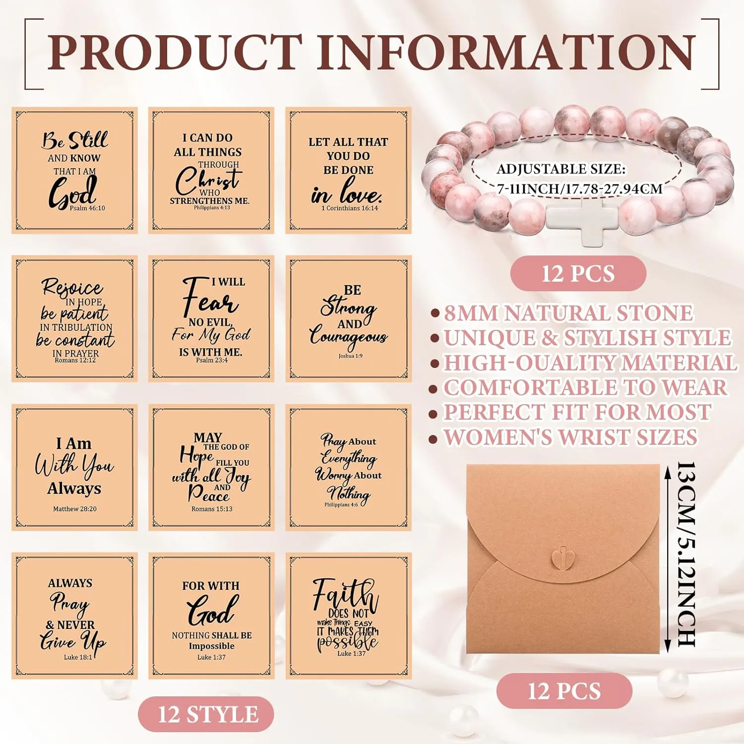 Cunnoo 12 Set Christian Graduation Gifts Bulk Cross Bracelets for Women Men Includes 12 Religious Natural Beaded Bracelet 12 Inspirational Cards 12 Envelopes Religious Faith Gift(Classic Style,Pink)