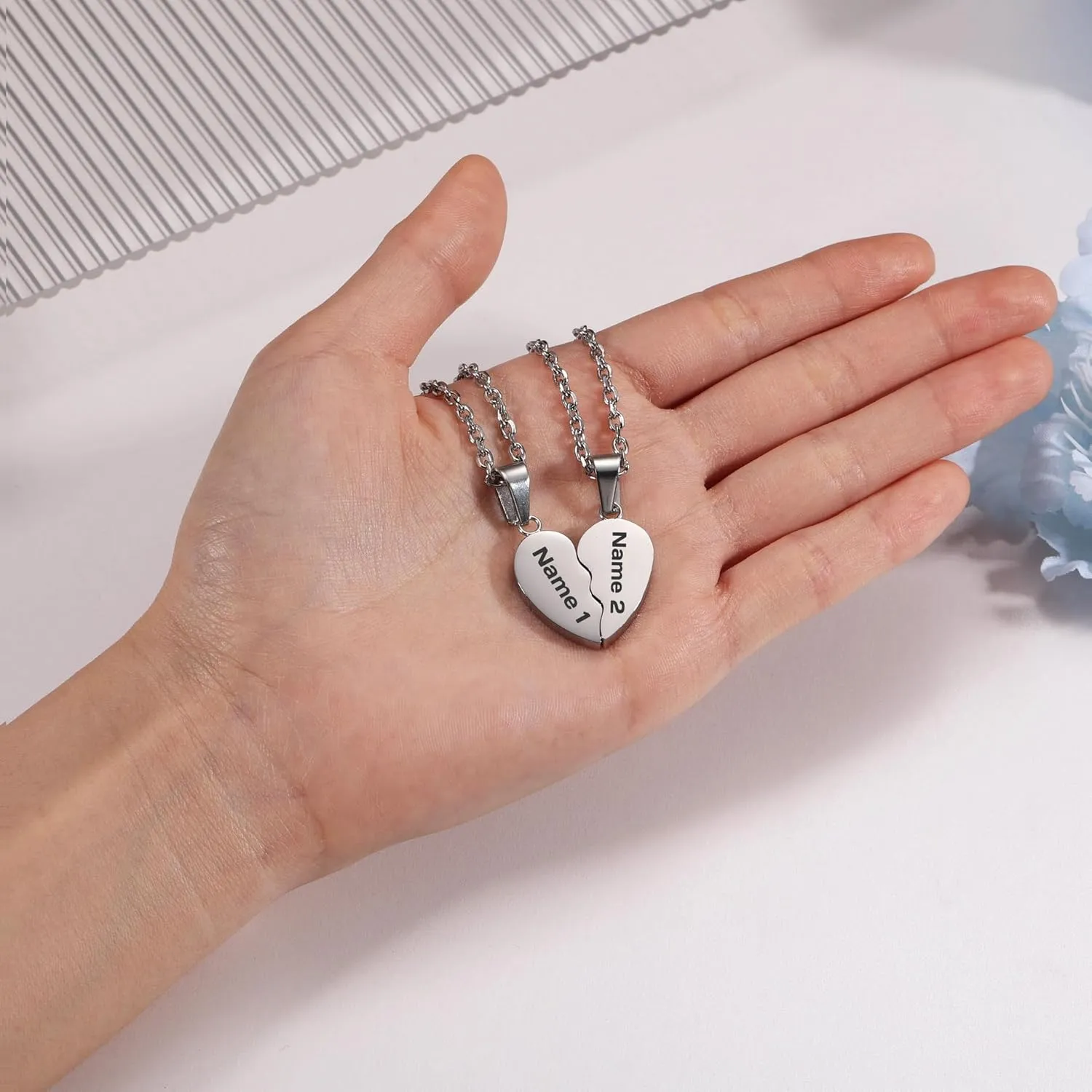 Customized Heart Necklace for Men Women Personalized Heart Puzzle Matching Necklace for Couples Stainless Steel Custom Engraving Name/Date Heart Pendant Necklace Set with Birthstones
