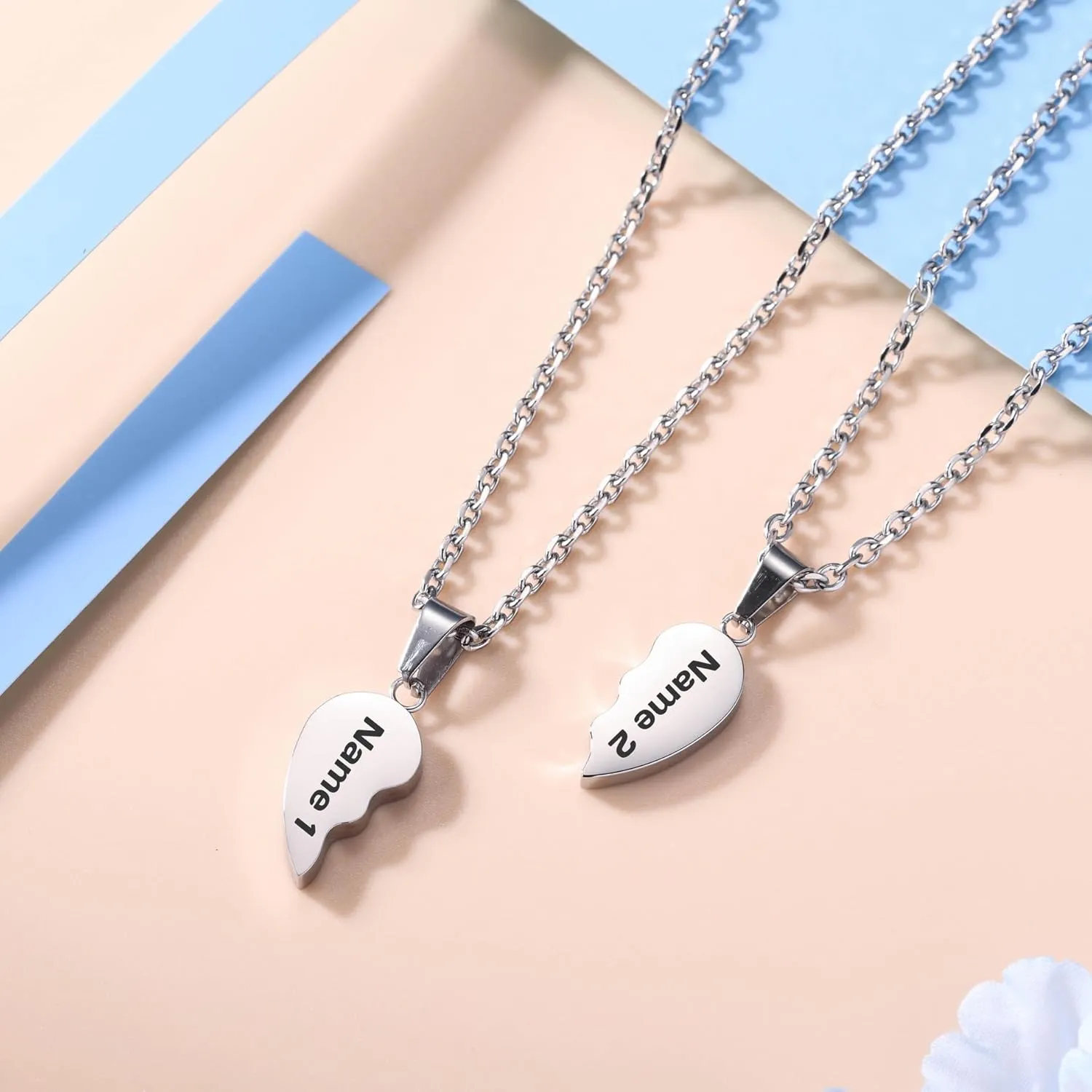 Customized Heart Necklace for Men Women Personalized Heart Puzzle Matching Necklace for Couples Stainless Steel Custom Engraving Name/Date Heart Pendant Necklace Set with Birthstones