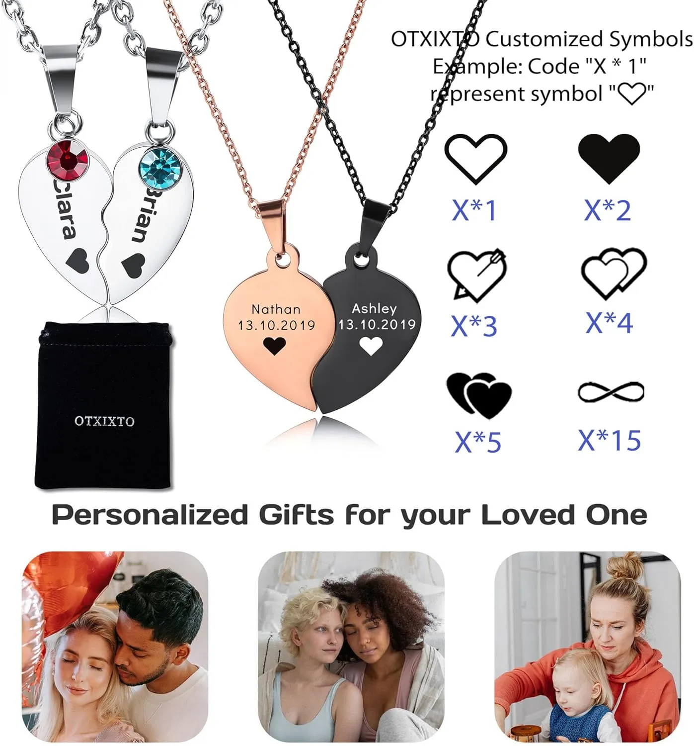 Customized Heart Necklace for Men Women Personalized Heart Puzzle Matching Necklace for Couples Stainless Steel Custom Engraving Name/Date Heart Pendant Necklace Set with Birthstones