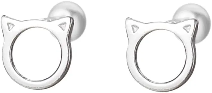 Cute Cat Kitten Tiny Small Stud Earrings for Women Cartilage 925 Sterling Silver Animal Pet Tragus Screw Back Ball Sleeper Barbell Studs Earring Lovely Hypoallergenic Christmas Jewelry Birthday Gifts 20G