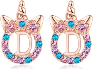 Cute Rose Gold Initial D Unicorn Hypoallergenic Stud Earrings CZ Rhinstone Initial Letter Stud Earrings Unicorns Jewelry Gifts for Girls 3 years old  